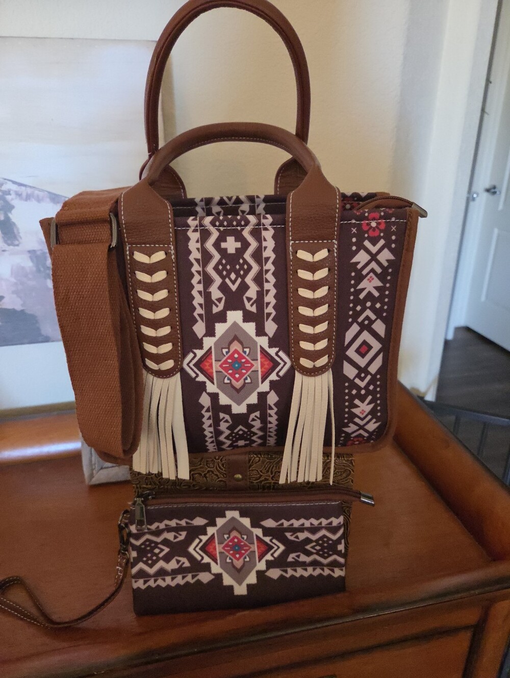Cream & Brown Aztec Fringe Tote/Satchel Bag with Matching Wristlet 🍁🍂